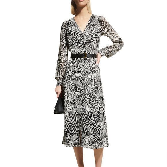 NWT Michael Kors Zebra-Printed Belted Midi Dress Size L